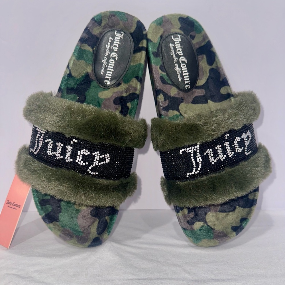 Juicy Couture Slide Slippers Faux Fur Crystals Green Camouflage Womens Size 7